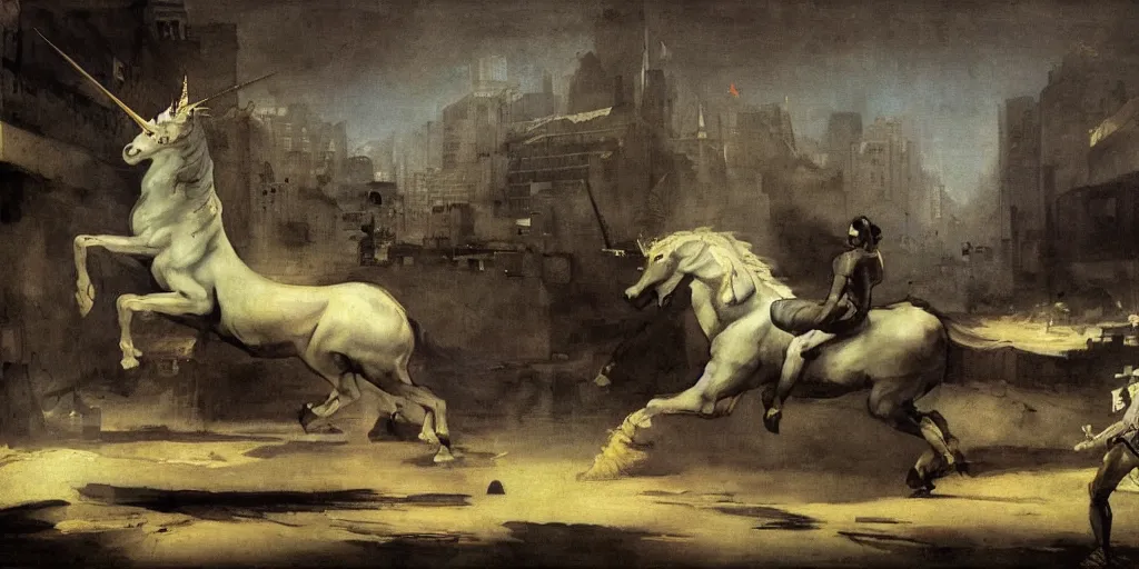 Image similar to unicorn in a futuristic cyberpunk town. By Francisco Goya, highly detailed