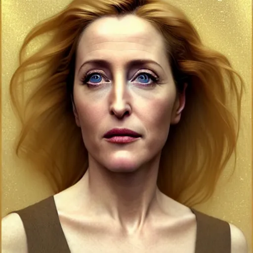 Image similar to Portrait, mugshot of Gillian Anderson, beautiful, pale skin, faint smile, elegant clothing, photorealistic, highly detailed, artstation, smooth, sharp focus, art by Klimt, artgerm, Greg Rutkowski and Alphonse Mucha natural light, Adobe Lightroom, photolab, Affinity Photo, PhotoDirector 365