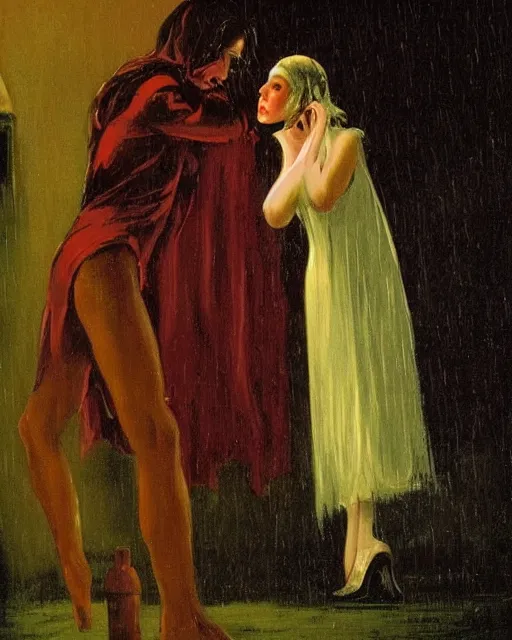 Prompt: a baroque painting of a girl meeting the devil in the rain at night, 1 9 7 0 s, seventies, wallpaper, delicate embellishments, painterly, offset printing technique, by brom, robert henri, walter popp
