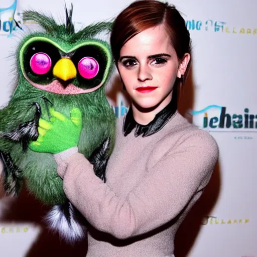 Image similar to Emma Watson stuffing Furby into blender