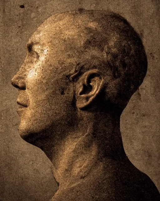 Image similar to a man's face in profile, made of patina, in the style of the dutch masters and gregory crewdson, dark and moody