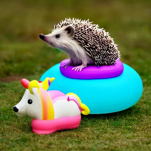 Image similar to a hedgehog sitting on top of an inflatable unicorn bathing toy