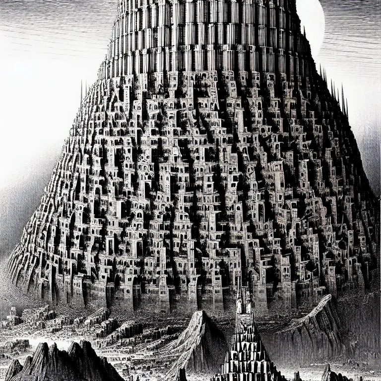 Image similar to the tower of babel. extremely high details, perfect face, black and white, masterpiece, magnum opus engraving by gustave dore, jean giraud, philippe druillet