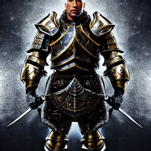 Image similar to dwayne johnson as a noble knight paladin in shining armor, intricate fractal armor, cinematic, studio photography, high detail, ultra high detail, 4 k, hdr, 8 k