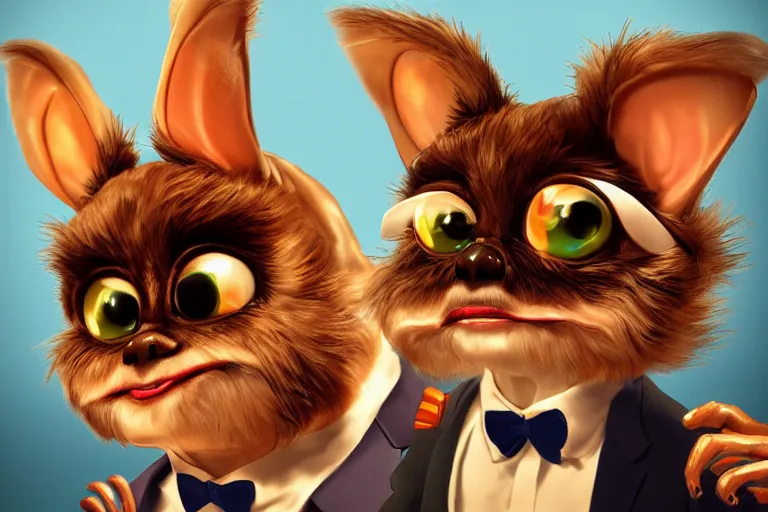 Image similar to a cute illustration of gizmo from the movie gremlins wearing a blue wedding suit and looking proud, digital art, trending on artstation