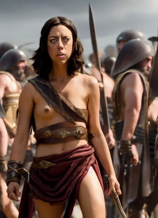 Image similar to film still of aubrey plaza as leonidas in 3 0 0 movie, 8 k