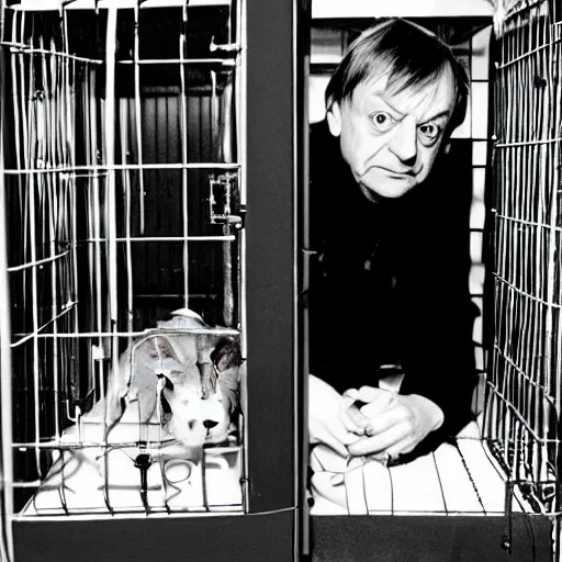 Image similar to mark e smith in a small cage at the pet store, the cage has for sale tag, 4 k