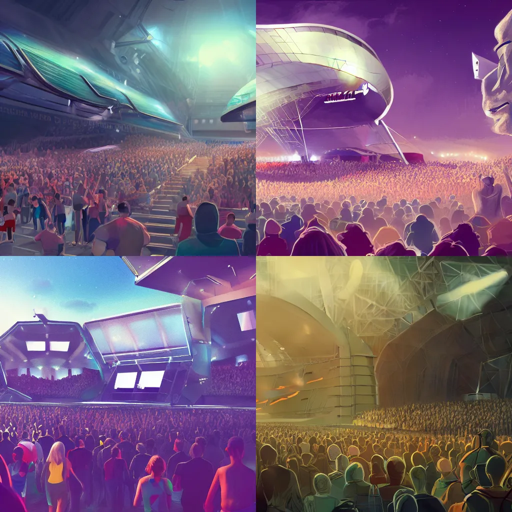 Prompt: a small futuristic concert arena concept art with a small excited crowd, key art, artstation trending, valorant, open skies, distant horizon