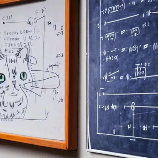 Prompt: A cat studying quantum physics, with a whiteboard with equations in the background