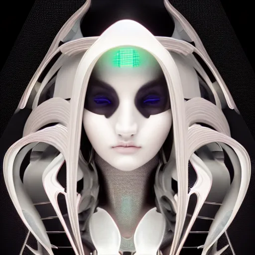 Image similar to symmetrical feminine cyborg goddess rendered in Cinema 4D and Octane and Unreal Engine 5, elegant cybernetic body and ornate futuristic outfit, glowing white neon eyes, platinum and obsidian flowing long hair, art by Artgerm, Beeple and Alphonse Mucha, hyperrealism, full body photogenic shot, digital render, cinematic lighting ornate earrings, 8k resolution, masterpiece work