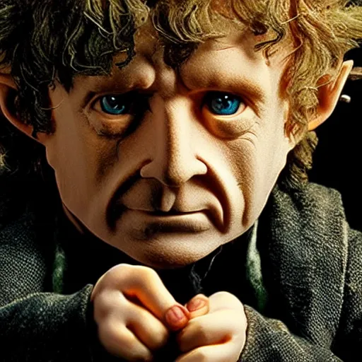 Image similar to Bilbo Baggins from the movies corrupted by the ring of power, realistic, photo, hyperdetailed