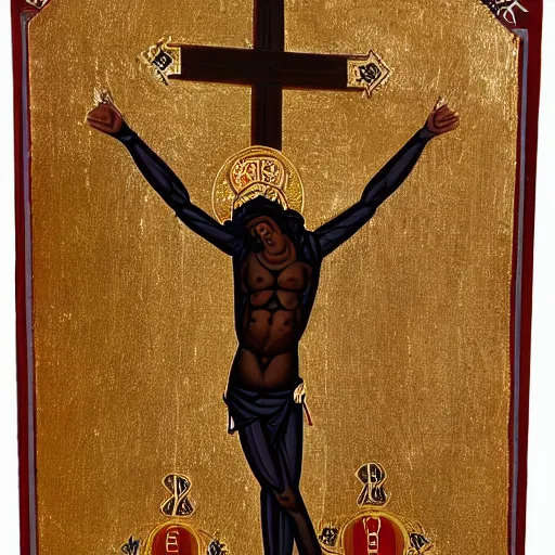 Image similar to crucified goat, orthodox icon style, occult symbols, byzantine art