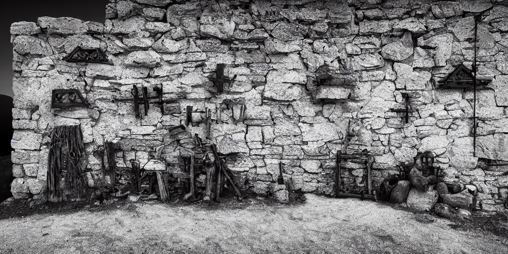 Image similar to photography of a wall with alpine farmer tools in shape of witch signs hanging down, hexagram, häxen, old hut, alp, dolomites, alpine, detailed intricate insanely detailed octane render, 8k artistic 1920s photography, photorealistic, black and white, chiaroscuro, hd, by David Cronenberg, Raphael, Caravaggio