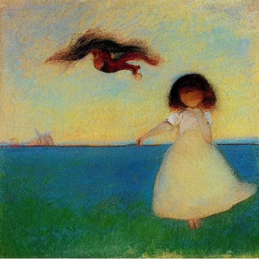 Image similar to pretty child eating ice cream on the beach, long hair flying becouse wind, by odilon redon