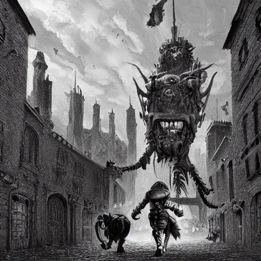 Image similar to a huge quadrupedal creature with a cannon for a head, men in uniformride the creature to operate the cannon, the creature is walking through the streets of a medieval city, illustration, rpg, hubert robert, dying earth, detailed