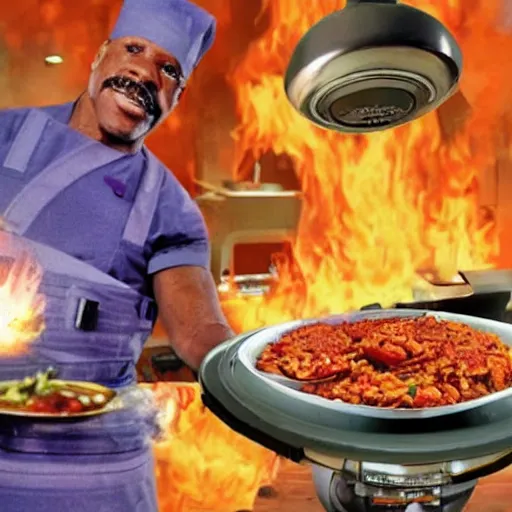 Prompt: captain sisko cooking jambalaya while the space station ds 9 explodes