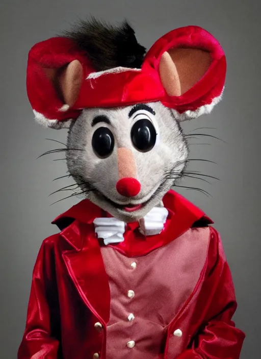 Image similar to Chuck E. Cheese mascot low quality 2007 circus portrait of an anthropomorphic rat animatronic dressed like a clown, professional portrait, official photo, camera flash, dimly lit, Chuck E. Cheese head, authentic, mouse, costume weird creepy, off putting, nightmare fuel, Chuck E. Cheese