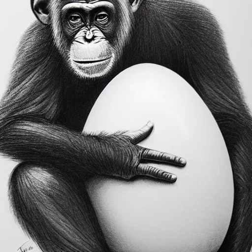 Image similar to a realistic pencil drawing of a chimpanzee sitting on a large egg.