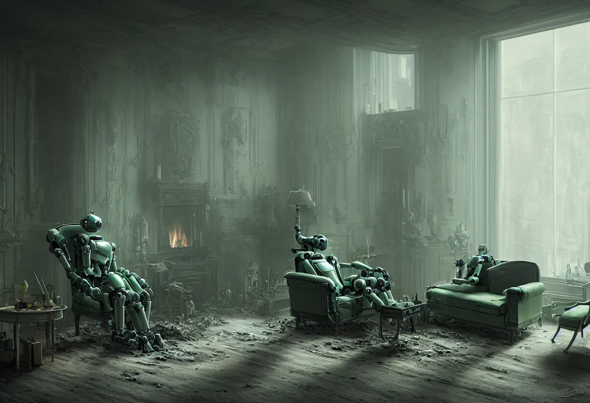 Prompt: An award-winning highly detailed 8k anamorphic closeup cinematic movie photograph of a solitary green and gray futuristic cybertronic robot seated on a fainting couch enjoying a roaring fire in a huge fireplace in a post-apocalyptic Victorian home, cold light from the window, with cinematic lighting and lens flare, tall ceiling, octane render, by Simon Stalenhag and Sylvian Boussiron and Gregory Crewdson and Alfonso Cuaron