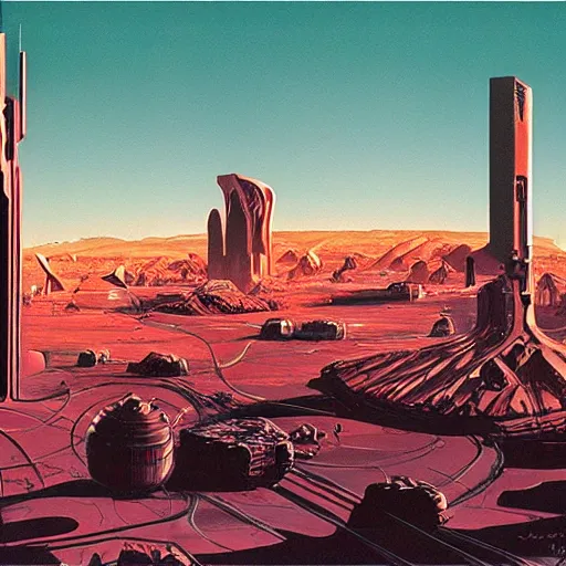 Image similar to martian city, otherwordly, by syd mead