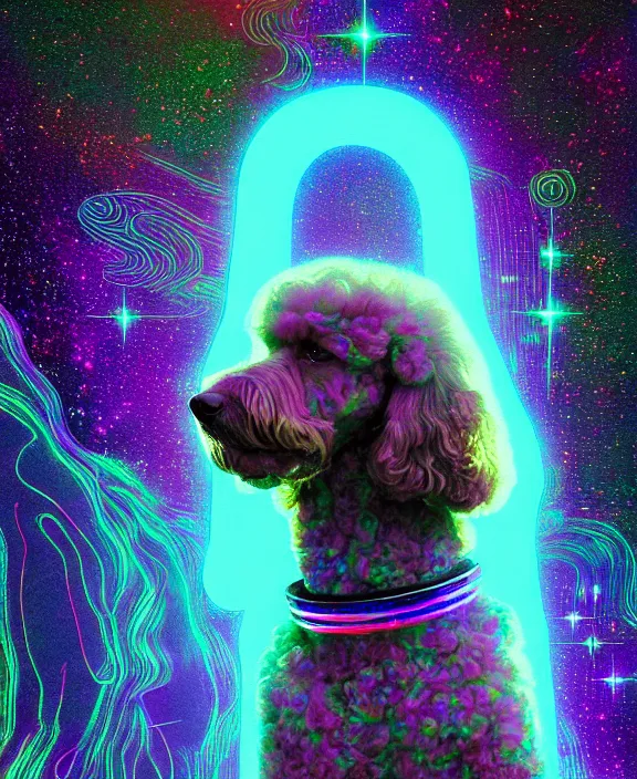 Prompt: a portrait of a beautiful poodle inside an holographic spacesuit, galactic landscape, cinematic, risographic, digital art, 4 k, vintage sci - fi, inspired by moebius, inspired by thim white, inspired by h. r. giger