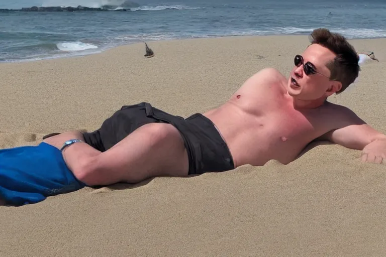 Image similar to drunk elon musk in the beach
