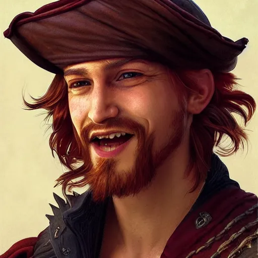 Image similar to portrait of a young rugged pirate, closed-lip!!!! smiling, male, masculine, handsome, upper body, red hair, long hair, D&D, fantasy, intricate, elegant, highly detailed, digital painting, artstation, concept art, sensual, matte, sharp focus, illustration, art by Artgerm and Greg Rutkowski and Alphonse Mucha