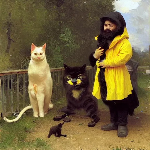 Prompt: belligerent man wearing a cat costume with a yellow hoodie greg danton william adolphe bouguereau vasily surikov anton fadeev simon stalenhag