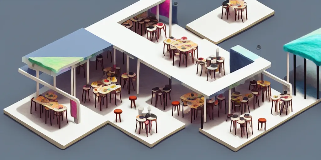 Prompt: an indoor modern cafe, watercolor and wool felting style, design by beeple, isometric style
