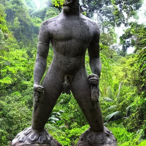 Image similar to cursed valley, ancient god statue, jungle