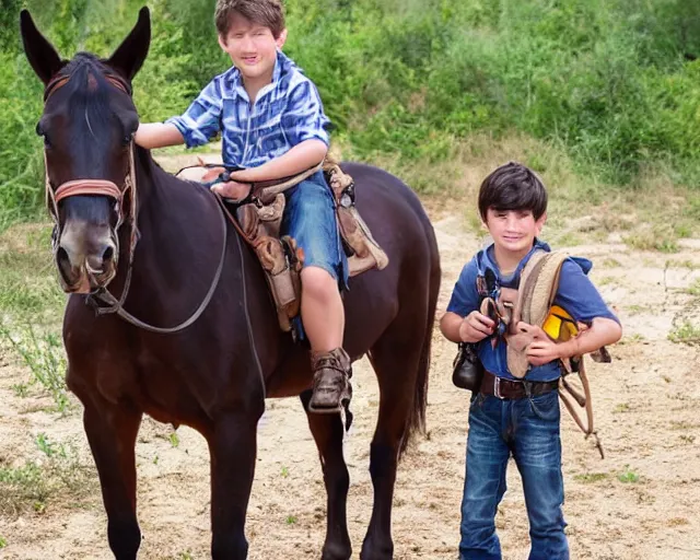 Image similar to girly! boy with dark - brown hair, the boy is on horse, the boy is holding backpack and gun, realistic photo