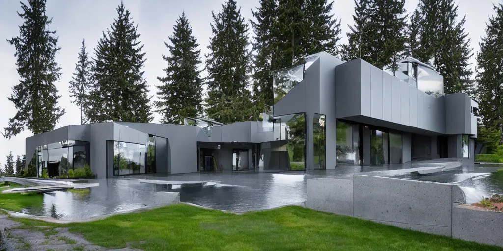 Prompt: large futuristic residence, gray concrete, many large windows, washington state, water features, triangular elements