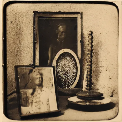 Prompt: Tintype photograph of objects displayed in an ethnographic museum, primitive display, anthropology of wonder, in the style of Marcel Duchamp, found objects, ready-made, 1920s studio lighting.