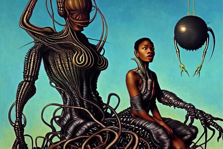 Image similar to realistic detailed portrait movie shot of a beautiful black woman riding a giant spider, dystopian city landscape background by denis villeneuve, amano, yves tanguy, alphonse mucha, max ernst, ernst haeckel, kehinde wiley, caravaggio, jean delville, david lynch, roger dean, cyber necklace, rich moody colours, sci fi patterns, dramatic, wide angle