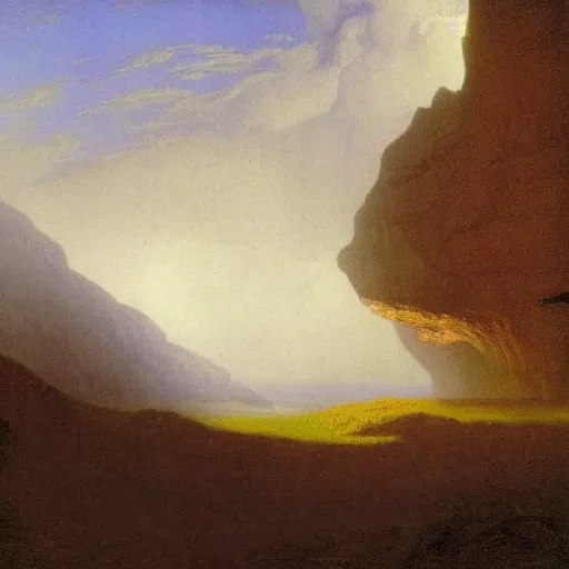 Prompt: black rainbow among cliffs, early morning, soft fog, Albert Bierstadt