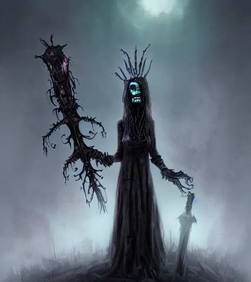 Image similar to gothic necrolord female with zombie servents, digital painting, liminal eerie midnight backlit, a picture taken by Michael Komarck and Daniel Ljunggren