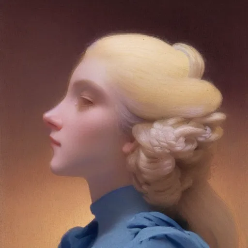 Image similar to a young woman's face, her hair is white and she wears an indigo blue satin cloak, by ivan aivazovsky and syd mead and moebius and gaston bussiere and roger dean and pieter claesz and paul delaroche and alma tadema and aelbert cuyp and willem kalf, hyperrealistic, volumetric light, octane render