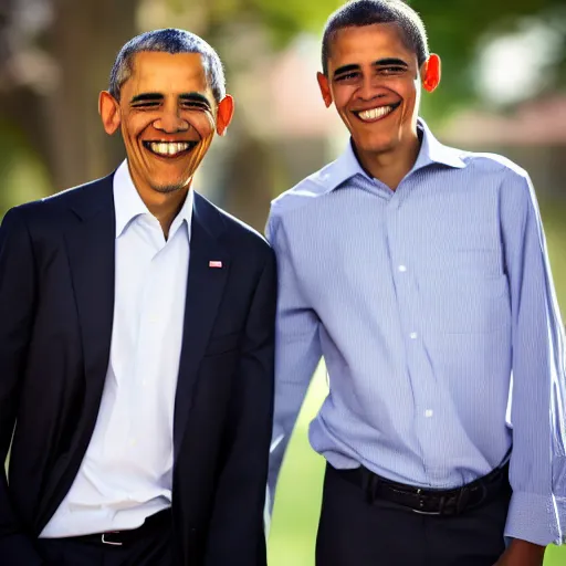 Image similar to A portrait Obama teams up with a teenage Obama, perfect faces, 50 mm, award winning photography