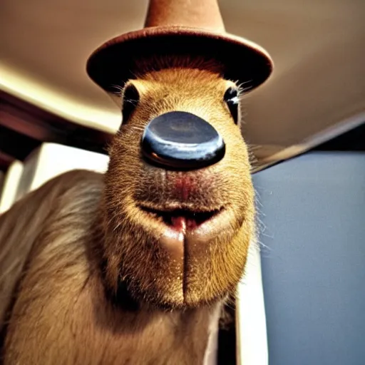 Image similar to smoking cigar, a man wearing a suit capybara head wearing a hat (smoking cigar)