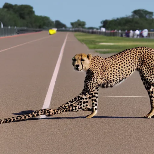 Prompt: cheetah on the starting block on a race track