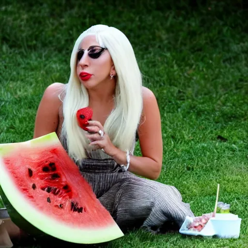 Image similar to lady gaga eating watermelon sitting on the streen, flies flying around