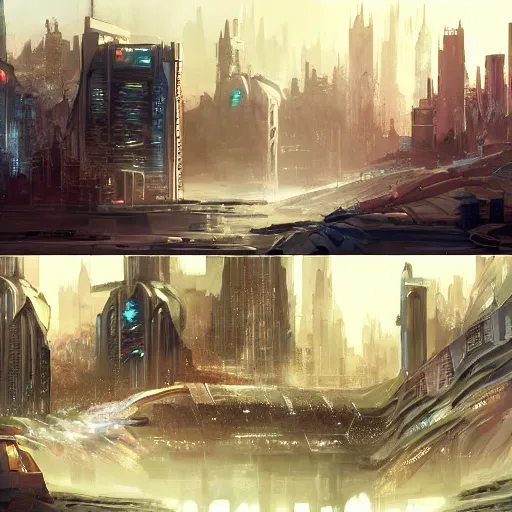 Image similar to concept art, high fantasy, cyberpunk, cityscape