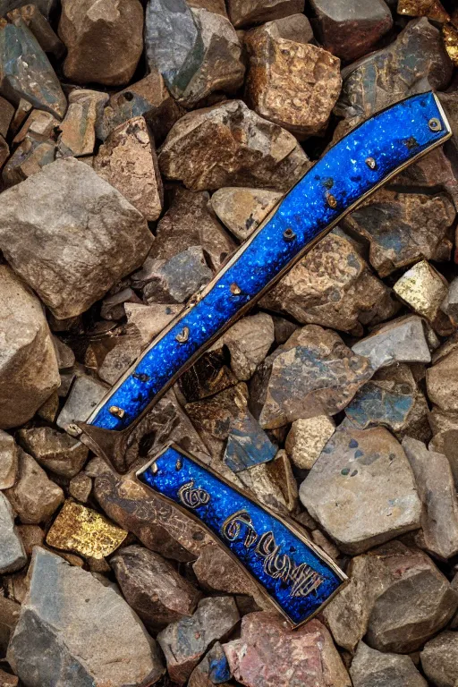 Prompt: a steel axe, of the highest quality. it is encrusted with blue garnet and encircled with bands of gold.