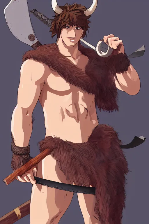 Prompt: bull barbarian wearing a loincloth holding an axe, fursona, anthro, male, detailed fur, anime key visual, portrait, makoto shinkai