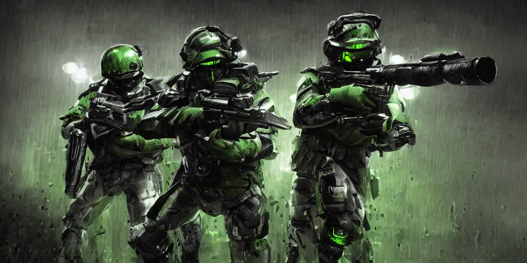 Image similar to A detailed sketch of two guerilla soldiers with green plasma rifles with revolver drums wearing grey armour with dark green stripes and full helmets with dark green visors, night, rain, water drops on the lense, a complicated black spaceship with green lights in the background, realistic 4k octane beautifully detailed render, 4k post-processing, highly detailed, intricate complexity, epic composition, magical atmosphere, cinematic lighting, masterpiece, ultra hd