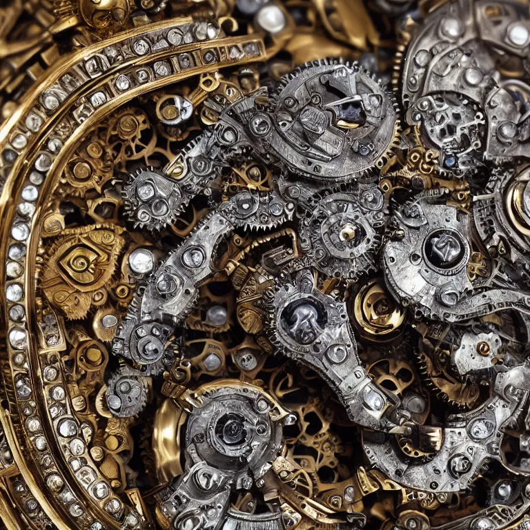 Image similar to A steampunk fox head with sparkling eyes made from ornate engraved full plate armor and Rolex gears and jewels and gems, macro shot by Justin Gerard, unreal engine, detailed, intricate, physically based rendering