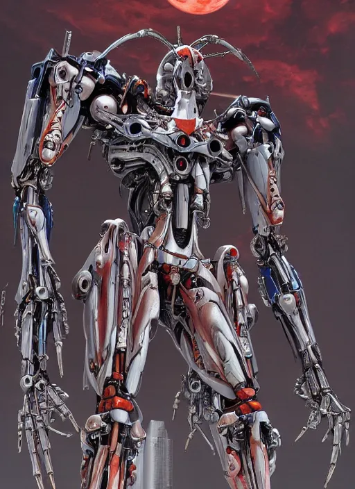 Image similar to mecha Evangelion by Yoshitaka Amano, by HR Giger, biomechanical, 4k, hyper detailed, hyperrealism, anime, a Blood Moon rising on a Broken World, deviantart, artstation