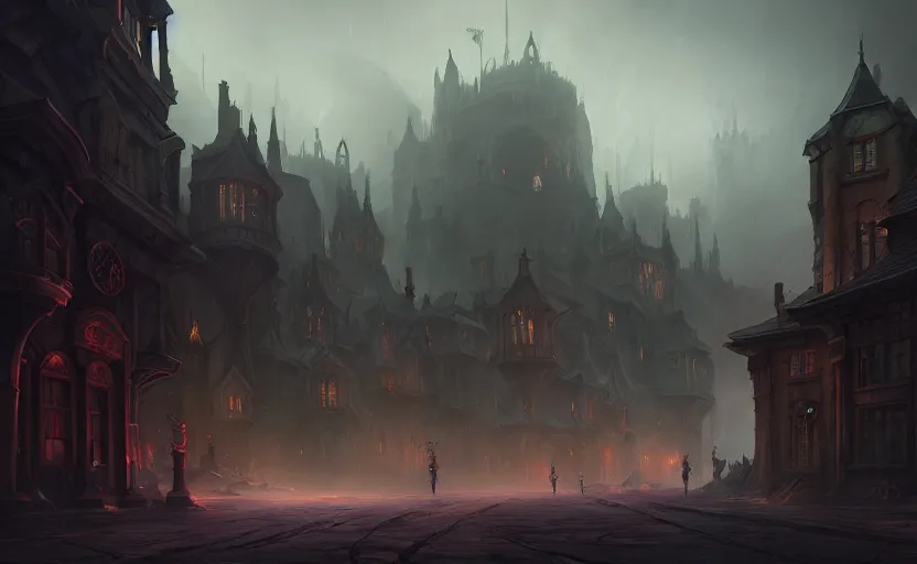 Prompt: extreme long shot concept art depicted old english majestic town, dramatic mood, overcast mood, dark fantasy environment, dieselpunk, art inspired by league of legends and arcane, style by jason engle and jordan grimmer, trending on artstation, unreal engine, golden ratio, spectacular composition