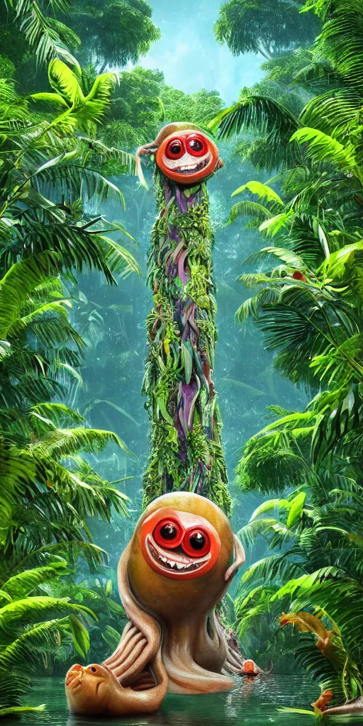 Image similar to of a tropical rainforest lake with strange cute friendly happy creatures with huge eyes, mouth, long tongue, round teeth and goofy face, appearing from the treesl, in the style of gehry and gaudi, macro lens, shallow depth of field, ultra detailed, digital painting, trending artstation, concept art, illustration, cinematic lighting, photorealism, epic, octane render