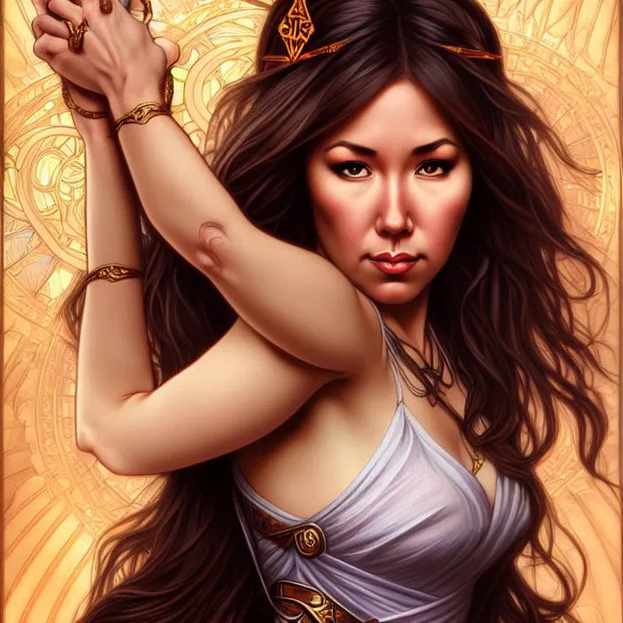 Image similar to jodi arias, goddess of vengeance, tarot card, highly detailed, digital painting, smooth, sharp focus, illustration, ultra realistic, 8 k, art by artgerm and alphonse mucha